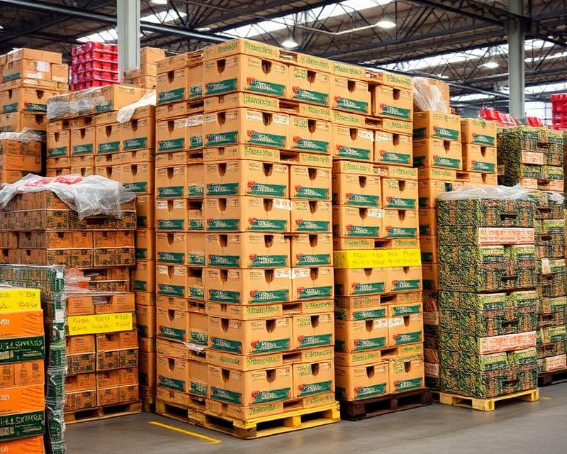 Pallets of stacked produce boxes in a wholesale market warehouse