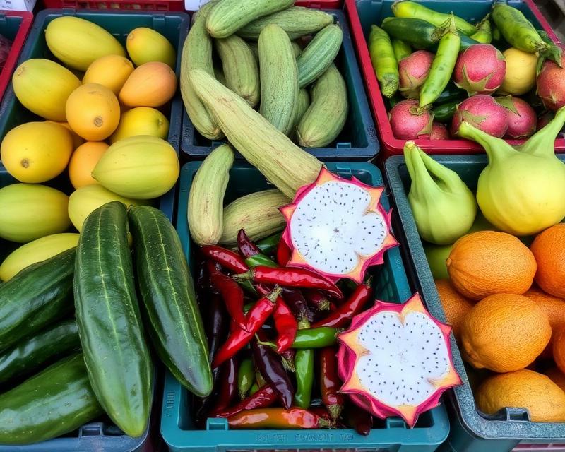 Crates of mango, chillies, dragon fruit and specialist vegetables