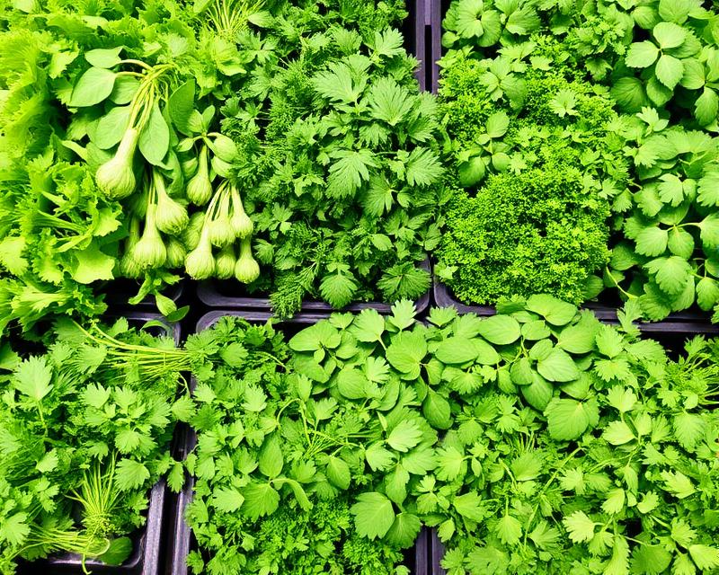 Trays of fresh coriander, parsley and other herbs viewed from above