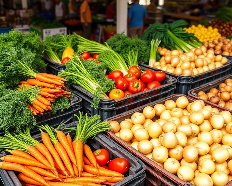Crates of carrots, tomatoes, spring onions and onions at a produce market
