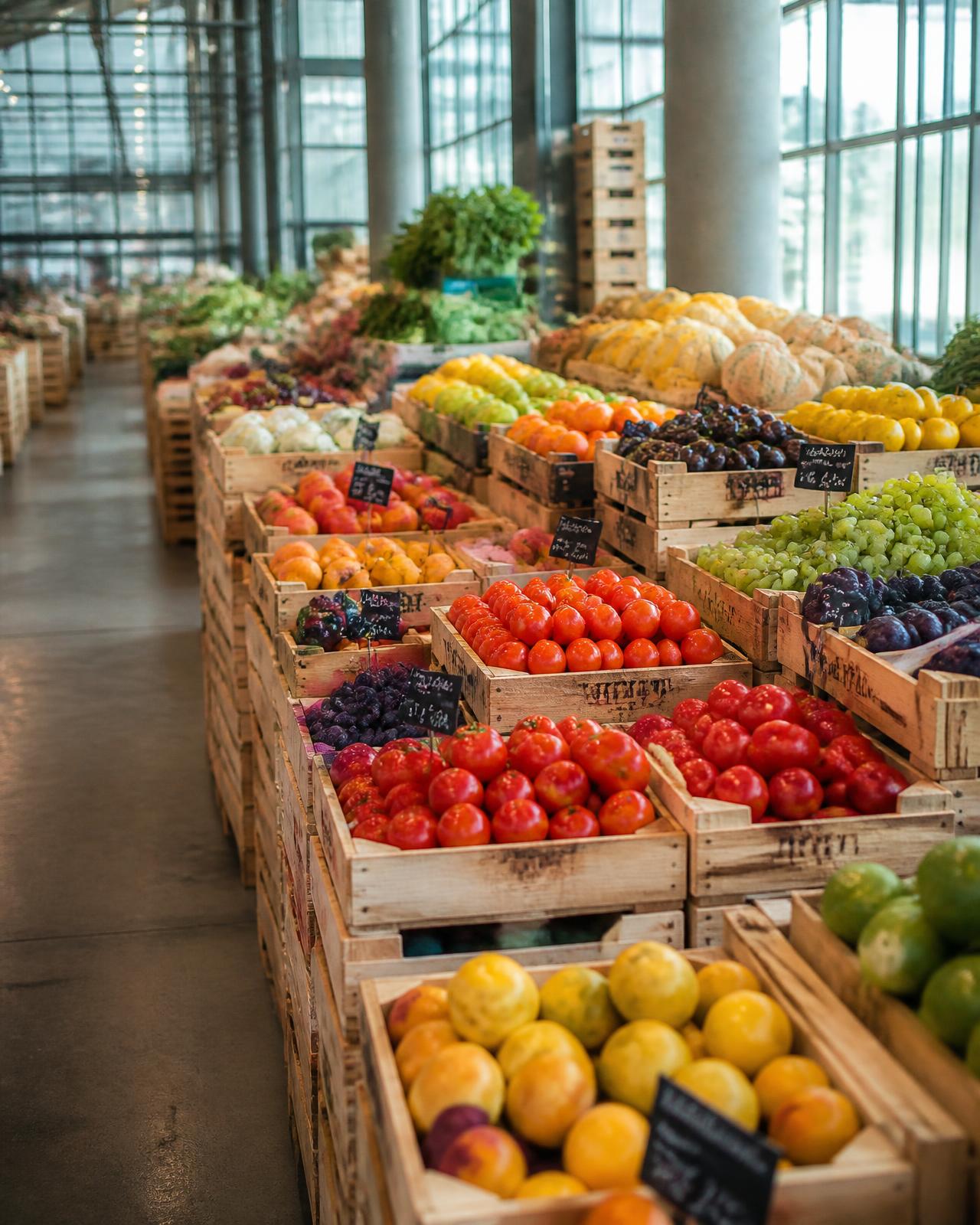 Wooden crates of fresh tomatoes, citrus, grapes and salad stacked in a wholesale produce market hall